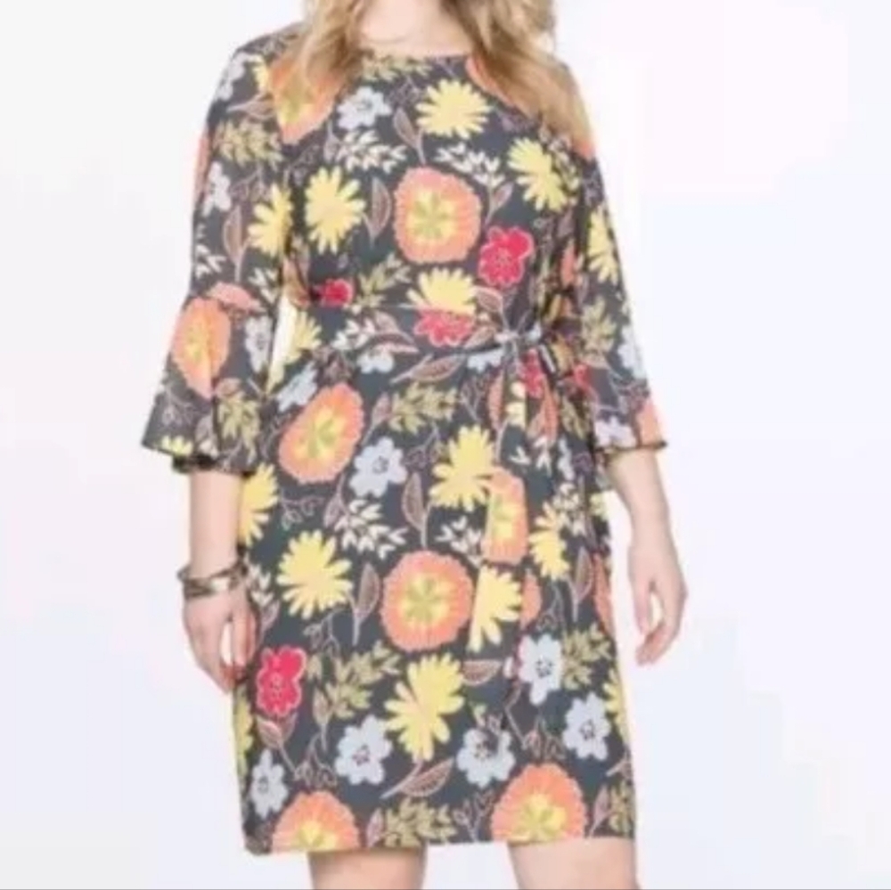 Eloquii Bell Sleeve Midi Dress Woman 14 Fairy Cottage Belted Grey Retro Floral